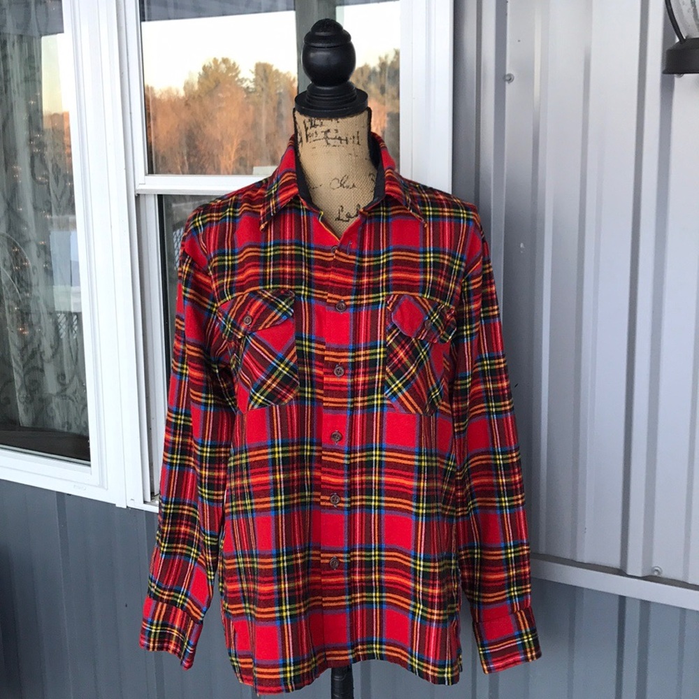 Vintage Red Print Plaid Flannel Shirt Size Large